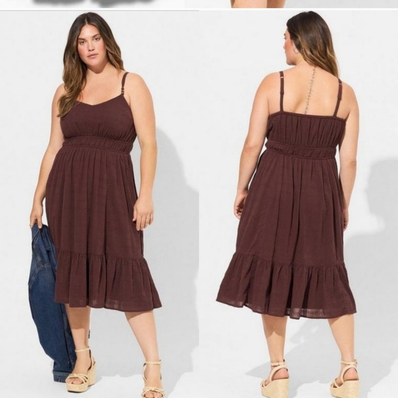 TORRID 2x Midi Textured Tiered Cotton Sun Dress Plus Size Brown - Picture 9 of 11
